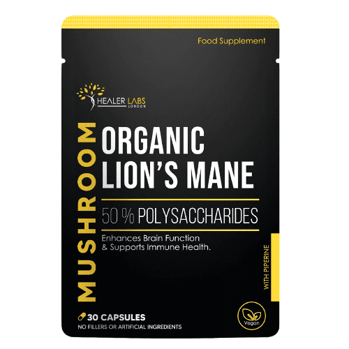 Organic Lions Mane 50% Polysaccharides 30 Capsules - Healer Labs London UK.