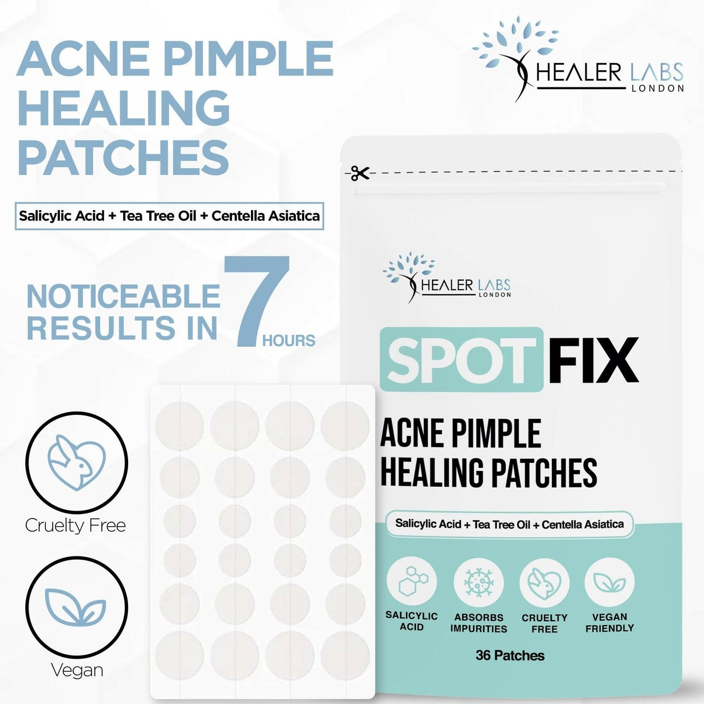 Acne Pimple Healing Hydrocolloid Patch With Salicylic Acid+Tea Tree Oil+Centella Asiatica By Healer Labs London