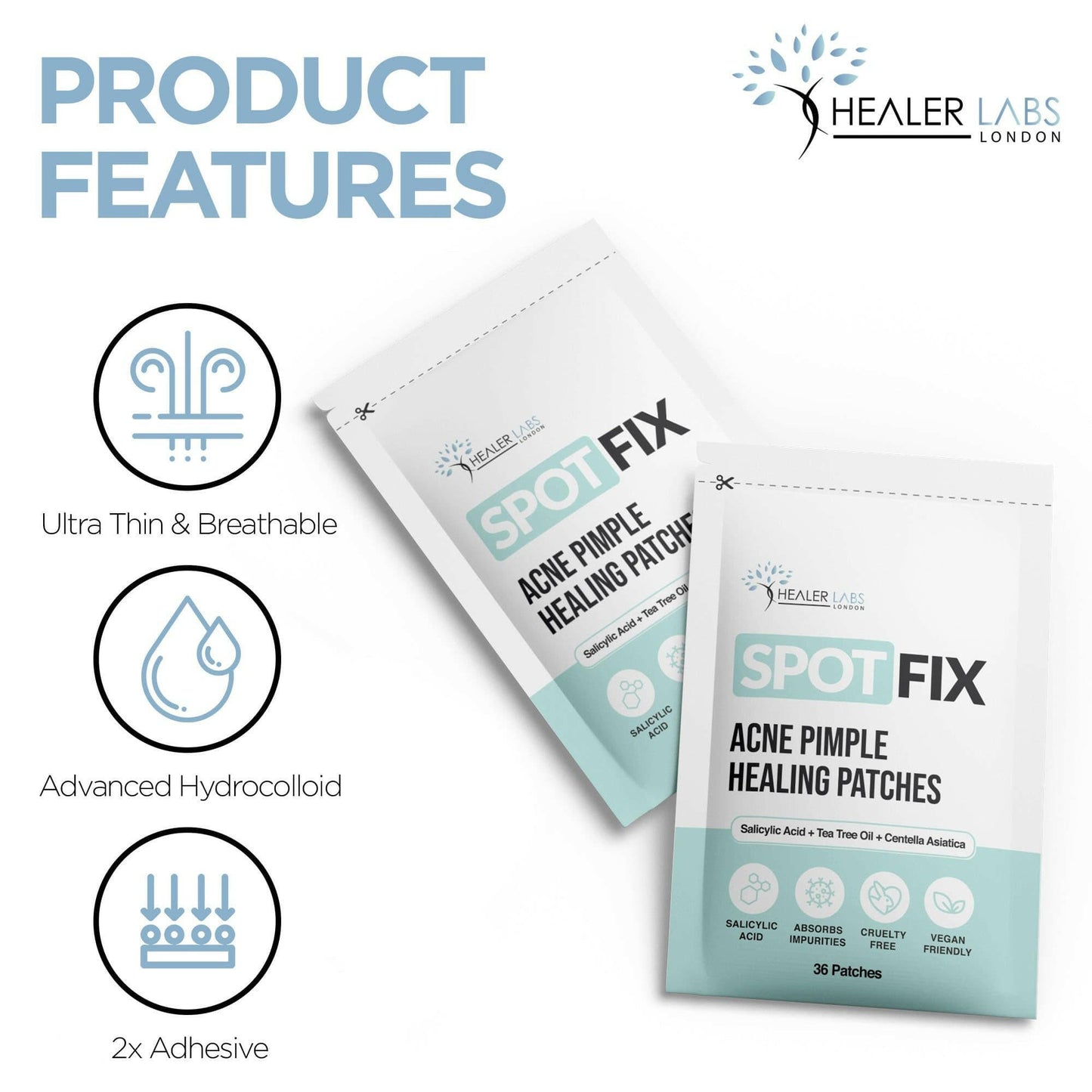 Acne Pimple Healing Hydrocolloid Patch With Salicylic Acid+Tea Tree Oil+Centella Asiatica By Healer Labs London