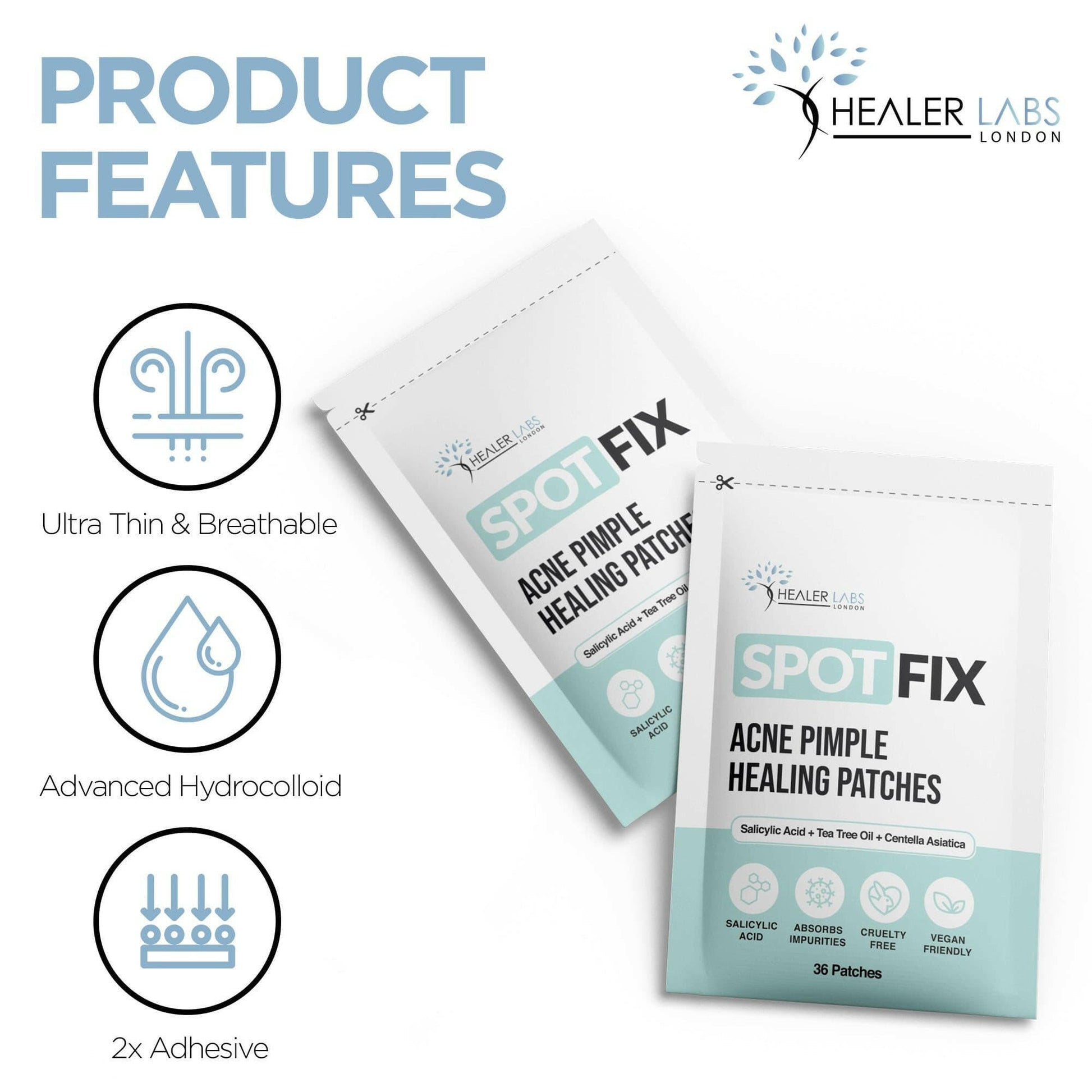 Acne Pimple Healing Hydrocolloid Patch With Salicylic Acid+Tea Tree Oil+Centella Asiatica By Healer Labs London