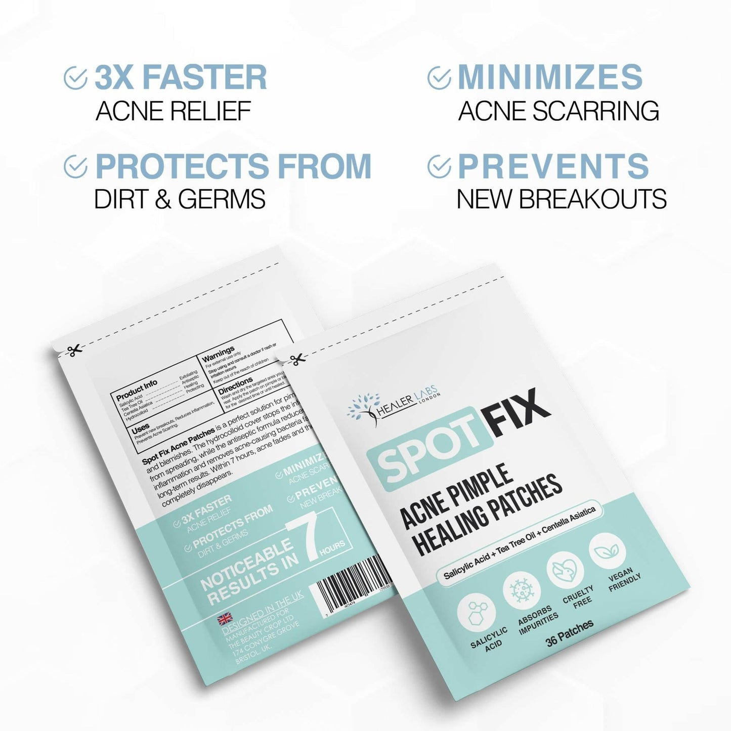Acne Pimple Healing Hydrocolloid Patch With Salicylic Acid+Tea Tree Oil+Centella Asiatica By Healer Labs London