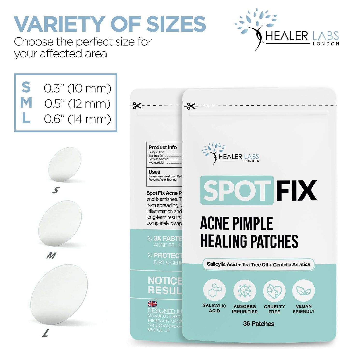 Acne Pimple Healing Hydrocolloid Patch With Salicylic Acid+Tea Tree Oil+Centella Asiatica By Healer Labs London