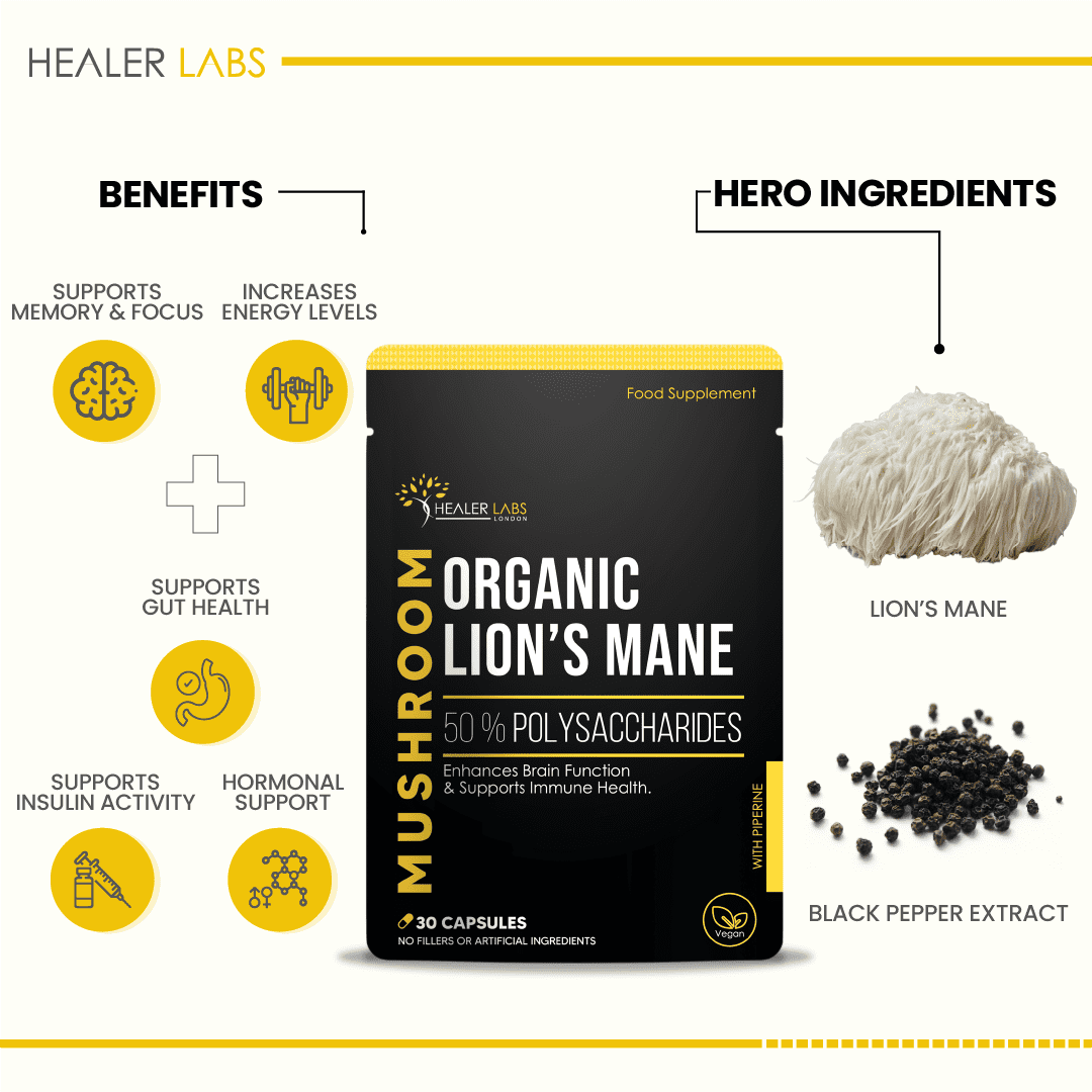 Organic Lions Mane 50% Polysaccharides 30 Capsules.