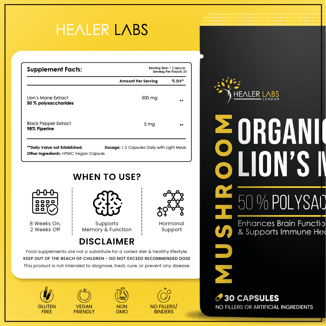 Organic Lions Mane 50% Polysaccharides 30 Capsules.