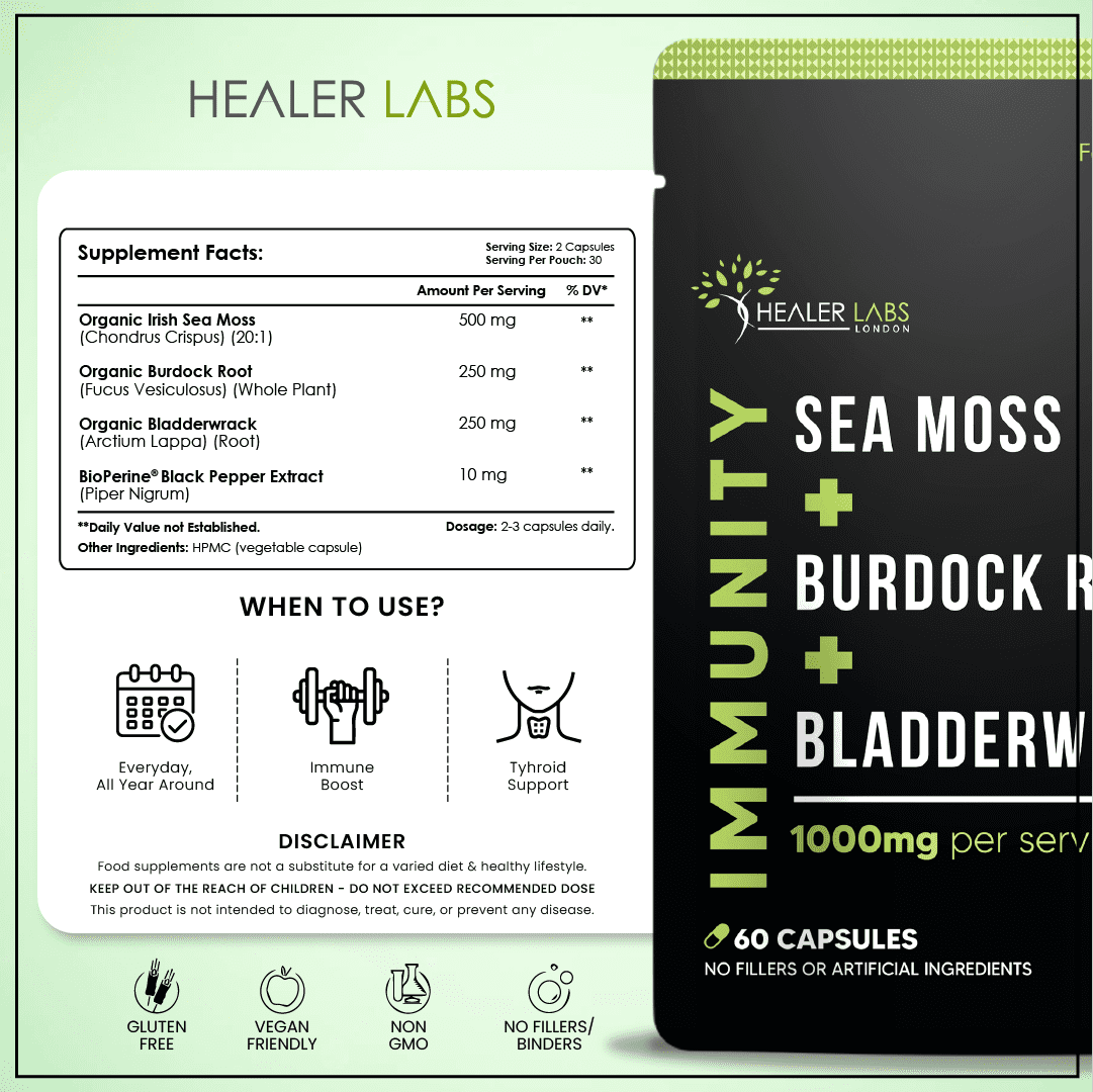 Organic Sea Moss, Bladderwrack and Burdock Root.