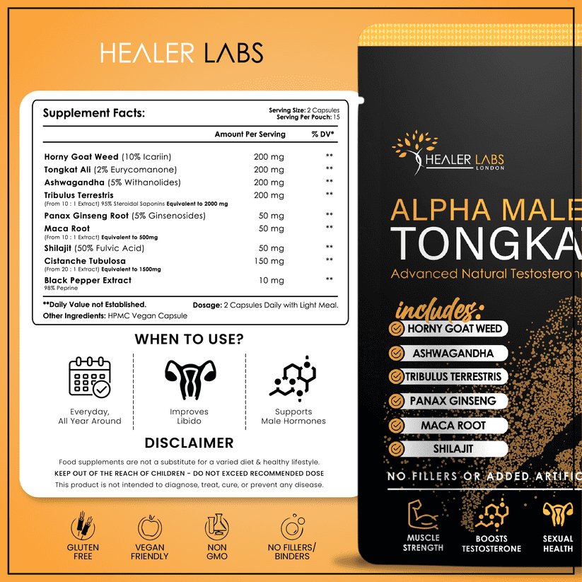 Tongkat Ali Plus Ashwagandha, Horny Goat Weed, Tribulus Terrestris, Cistanche, Shilajit, Maca & Ginseng.